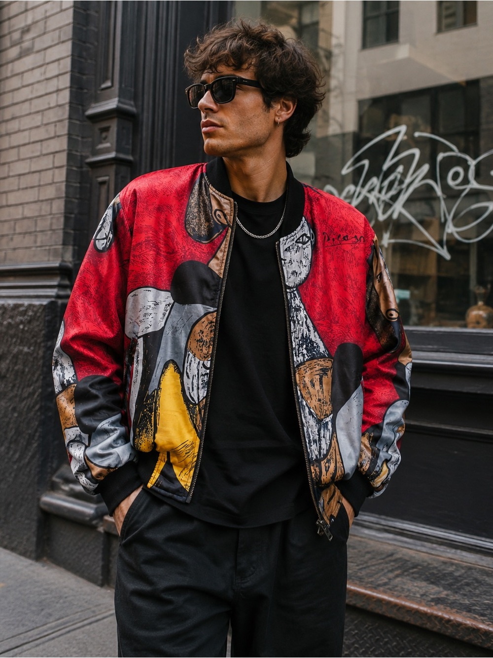 Y2K 90’s Vintage Satin Picasso Graffiti Print Bomber Jacket Streetwear Oversized